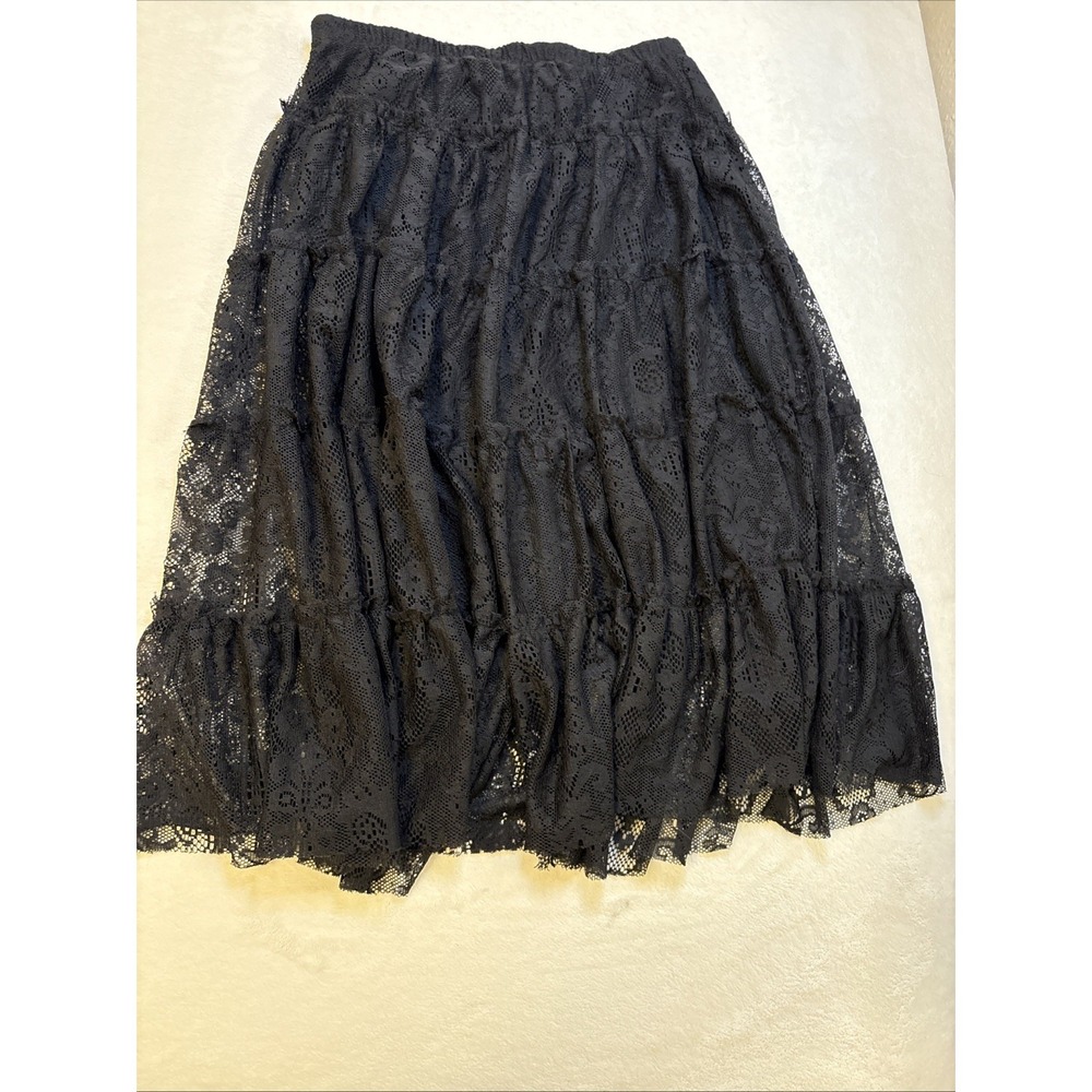 Vintage Cha Cha Vente Women's Black Lace Tiered Peasant Skirt Size L Boho Hippie